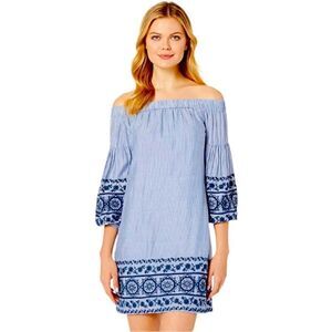 Vince Camuto Off The Shoulder Embroidered Stripe
Shift Dress, Size 6, White/Blue